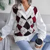 Top Women Stickad Sweater Vest Pullover Höst högskolestil Lös V-Neck Elegant Fashion Casual Diamond Vest Sweaters 211008