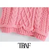 TRAF Women Sweet Fashion CabLe Knitted Cropped Vest Sweater Vintage High Neck Sleeveless Female Waistcoat Chic Tops 211008
