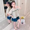Kläder för tjejer Floral Tshirt + Kjol Outfits Ruffles Girl Outfit Summer Tracksuits Barn 6 8 10 12 14 210527
