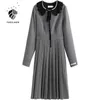 FANSILANEN Autumn winter knitted midi pleated dress Women long sleeve lace black vintage Female bow bandage elegant 210607