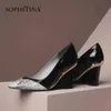 SOPHITINA Wedges Women's Pumps Black Mesh Stitching Square Toe Classics Convenient Pumps Elegant Handmade Shoes Women SO498 210513