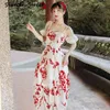 Summer Maxi Red Flowers Print Long Women Dress Strapless Sleeveless Party es Woman Night Sexy 210603