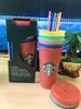 Starbucks Mermaid Goddess 24 OZ / 710 ML Plastik Kupalar Tumbler Kapak Kullanımlık Temizle İçme Düz Alt Ayak Şekli Saman Renk Değiştirme Flaş Bardaklar 100 adet Ücretsiz DHL