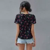 Mignon Cherry Print Puffy Sleeve Top T-shirts pour femmes Kawaii Solid Black O Cou à manches courtes Cherry Tshirt Plus Taille 210401