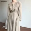 Elegancka wiosna lato sukienka kobiety koronki V-neck solidne przyciski es luźne vintage oversize długi vestidos 13205 210512