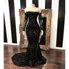 Vintage Black Mermaid Balklänningar med lång ärm off Shoulder Turkiet Vestidos Glittrande paljetter Formella aftonklänningar Glitter Party Wear Robe de Soriee