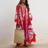 Casual Dresses 2021 Boho Egelant Women's Dress Long Sleeve V Neck Floral Printing Girls Maxi Sundress Tassel O-neck Loose Summer