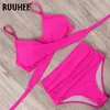 Ruuhee badkläder kvinnor criss cross baddräkt sexig strand bär solida bikini set tryckta hög midja push up baddräkt 210722