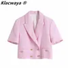 Klacwaya Za Donna Moda Doppio Petto Tasche Manica Corta Texture Blazer Bottoni 2021 Primavera Nuovo Cappotto Corto Completo Set X0721