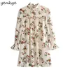 Vintage pradaria chique cópia floral vestido mulheres pescoço alto manga longa chiffon chiffon curto robe femme 210514