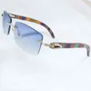 Lyxdesigner högkvalitativa solglasögon 20% rabatt på trämän Rhinestone Rimless Square Color Craved Wood Shades Iced Out Decoration Eyewear