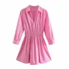 Women Fashion Pink Color Pleat High Elastic Waist Poplin Shirt Dress Chic Female Three Quarter Sleeve Vestido 210529