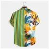 シャツの男性植物の葉の縞模様のパッチワークカジュアルな休日湾曲帽子ハワイアンシャツファッション服210527