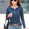 Frühling Plus Größe V-ausschnitt T-Shirt Frauen Langarm Streifen T-shirt Herbst Casual Mode Koreanische Baumwolle T-stück Lose Dame Kleidung 210510
