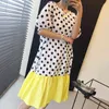 Koreansk sommar elegant semester stil liten färsk o-nacke polka dot kontrast stygn lös puff ärm klänning kvinnor 16w828 210510