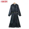 Tangada Spring Fashion Women Blue Snake Print Vintage Dress Long Sleeve Office Ladies Midi Dress With Belt SL176 210609