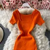 2021 new design women's square collar short sleeve solid color knitted bodycon tunic vent jag sexy midi dress241V