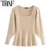 Women Fashion Flared Hem Knitted Sweater Vintage Square Collar Puff Sleeve Female Pullovers Chic Tops 210507