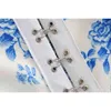 Vintage chique azul e branco porcelana imprimir botão botão vestido sexy elegante elegante senhoras quadrado colar sling mini vestidos 210520