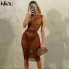 Kliou Mesh Folds Maxi Elbise Kadınlar Yığılmış Oymak Bodycon Seksi Yaz Kolsuz Clubwear Midnight Club Etek Y1204