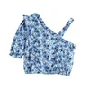 Kobiety Moda Floral Print Poplin Przycięte Bluzki Vintage Skew Collar Asymetryczny Pasek Koszulki Dziewczyny Chic Topy 210520