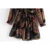 Vintage Women Boho Print Dress Autumn Fashion Ladies Bow Sashes Streetwear Kvinna Chic Full Sleeve Vestidos 210427