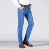 Märke mäns tunna jeans Sommarstil Business Casual Slim Fit Elastic Classic Style Trousers Sky Blue Pants Man 210318