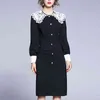 Black Lace Patchwork Vintage Peter Pan Collar Long Sleeve Bag Hip Dress Knee Length Autumn D1925 210514