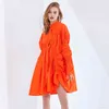 Sznurek Elegancka Dress Dla Kobiet Stojak Kołnierz Puff Sleeve Casual Luźne Suknie Kobiet Moda Wiosna 210520