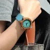 패션 여성 나무 쿼츠 시계 가죽 스트랩 캐주얼 청록색 파란색 남자 손목 시계 연인의 손목 시계