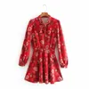 Spring Autumn Red Floral Print Women Dress Long Sleeve Sashes Bow Tie Fashion Boho Shirt Chiffon Vestidos Mujer 210427