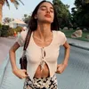 Sexy Cropped Top Lace Up Short Sleeve Hollow Out Front Split Hem O-Neck Slim Kobiety Moda Summer Sexy Streetwear 210522