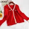 DEAT Women Loose Knitted Sweater Red Long Sleeve V-neck Single Breasted Cardigan Fashion Spring Summer MZ974 210709