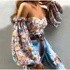 Women's T-Shirt Women Off Shoulder Corset Bustiers Tops Sexy Frill Long Lantern Sleeve Floral T-Shirts Chic Summer Autumn Low Cut Strapless