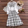 Japanese Preppy Style Spring Women Dress Gray Pink Plaid Rabbit Embroidery School Uniform Elegant Cute Kawaii Girl's 210520