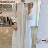 Nomikuma Vestidos New Arrival Stand Collar Manga Longa Vestido Branco Mulheres Cor Sólida Uma Linha Vestidos Vintage Estilo Coreano 3C363 210319