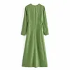 Sukienka Kobieta Green Cut Out Długie Kobiety Eleganckie Midi Rękaw ES Ladies Regulowany Wiązany Dorywczo ES 210519
