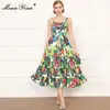 Fashion Designer dress Summer Women's Dress Spaghetti Strap High Waist Cactus Floral Print Cascading Ruffle Dresses 210524