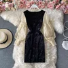 Autumn Winter Temperament Fashion Square Collar Bag Hip Dress Female Puff Sleeve Lace Stitching Retro Velvet UK907 210506
