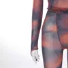 Mesh Sheer Print Two Piece Set Women O Neck Long Sleeve Vintage Crop Top High Waist Jogger Pant Y2K Clothes Perspective Homewear 210517