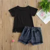 Summer Toddler Kid Zestawy odzieżowe Dziewczynek Listy Czarne Topy Tessel T-shirt + Jeans Ripped Shorts Spodnie Outfits 2021 1-6Y Ubrania Zestaw boutique dla dzieci