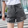 Kvinnor hög midja blå denim shorts kort femme bred ben elastiska vintage jeans lös sommar plus storlek 210608