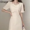 Coreano elegante simples colarinho quadrado manga curta vestido de verão mulheres uma linha sólida midi vestidos vintage slim robe lady b281 210429