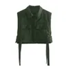 BBWM Women Green Pocekts Quilting Cropped Vests Fashion Side Buttons Tie Turn-down Collar Waistcoat Streetwear 210520