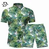قمصان رجالي هاواي مجموعة الصيف قمصان الأزهار الرجال + طباعة شاطئ السراويل قصيرة الأكمام تراكسويت الأزياء 2 قطعة مجموعات الذكور 210603