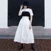 [EAM] femmes contraste couleur noir blanc ruché T-shirt col rond manches courtes mode printemps été 1DD8474 21512