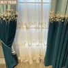 Light Luxury Curtain for Living Dining Room Bedroom Thick Cashmere Shading Chenille Embroidered Bead Blue Curtain Tulle 210913