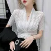 Korean Fashion Clothing Solid Women T-shirt Summer Womens Tops Vintage Elegant Lace See Through Tshirts Blusas T07308B 210421