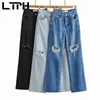 Streetwear Vintage Double Genou Trou Burrs Denim Pantalon Droit Jeans Femme Taille Haute Do Old Femme Pantalon Printemps 210427