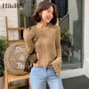 Solide Strickbluse Frauen O Neck Durchsichtig Sexy Hemd Löcher Flare Langarm Tops Damen Frühling Vetement Femme 210508